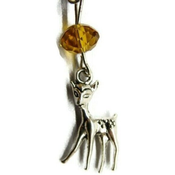 3D Deer Yellow Bead Silver Tone Vertical Drop Dangle Hook Earrings Womans - Picture 4 of 5
